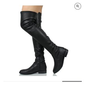 Faux Black Leather Thigh High Boots